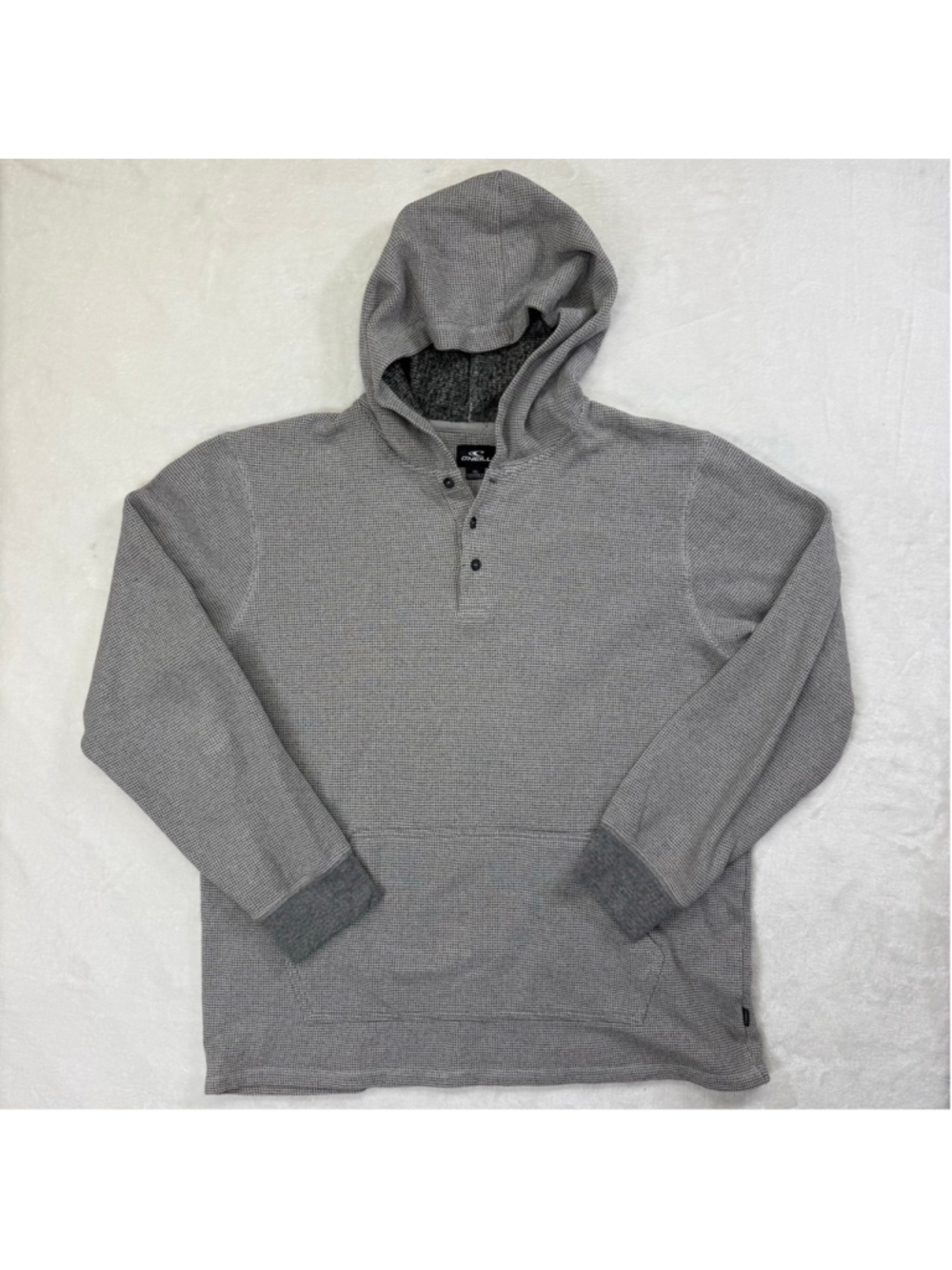 O’Neill Men’s Gray Premium Henley Hoodie Thick Waffle Knit Pouch Pocket XL